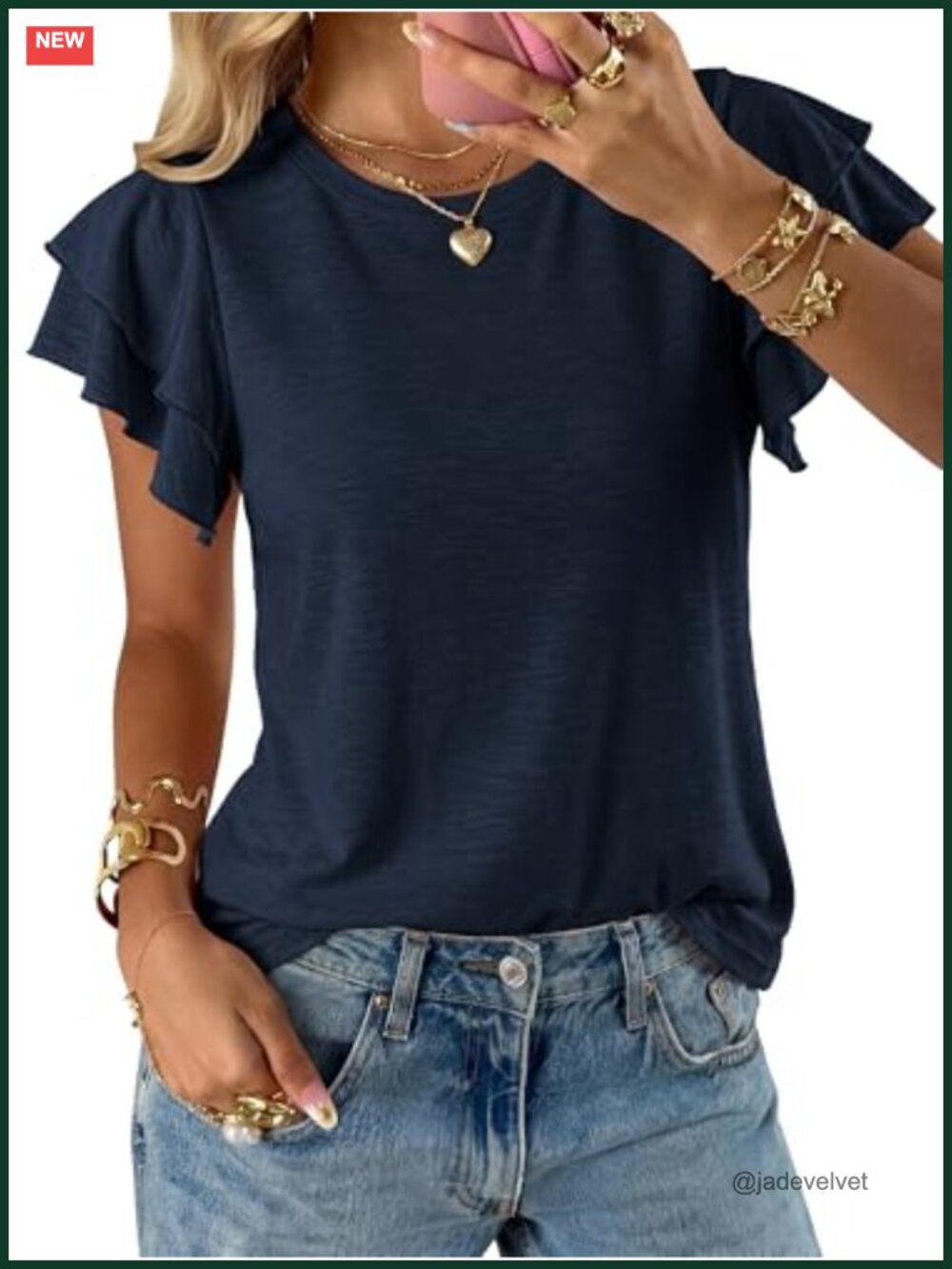 Ruffle Sleeve Crew Neck Short Sleeve T-Shirt Loose Fit Summer Top